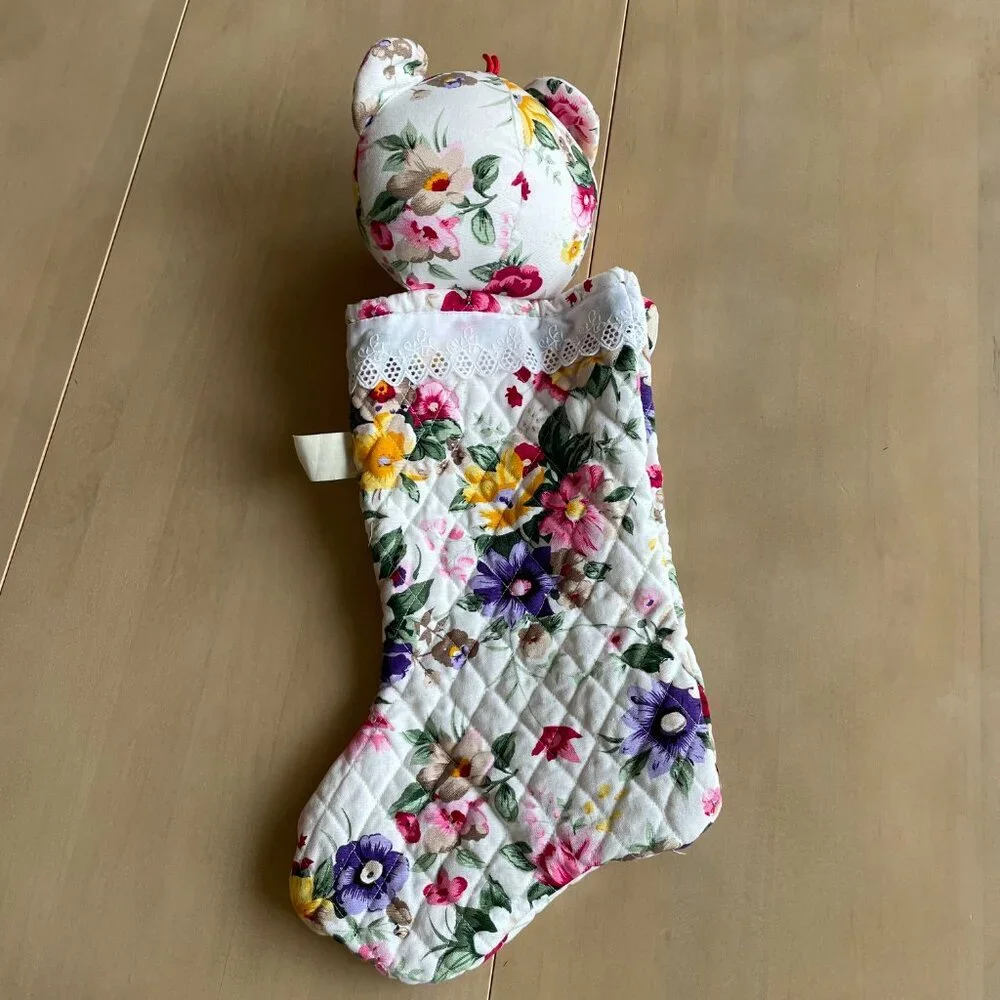 VINTAGE RARE Milaca Mills Floral Quilted‎ Teddy Bear Christmas Stocking